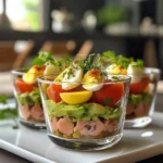 Verrines gourmandes à base d’avocat, thon, tomates et œuf, servies en couches élégantes dans un verre.