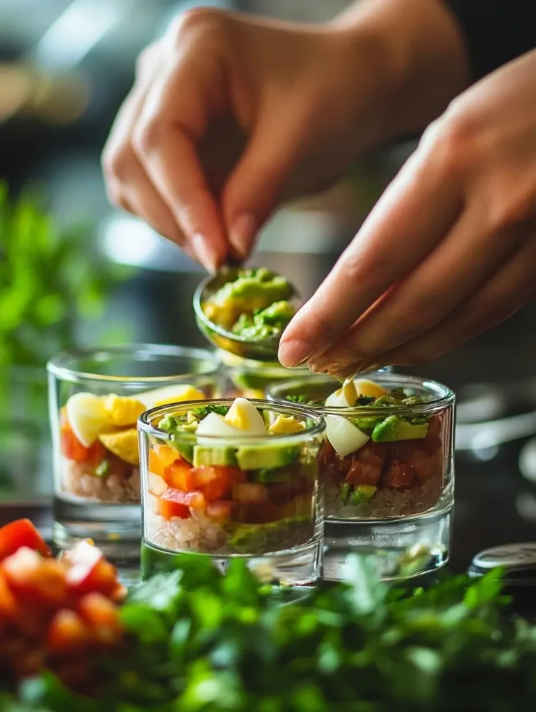 Femme ajoutant des touches finales aux verrines avec de la ciboulette et un filet d'huile d'olive pour une présentation gourmande et appétissante.