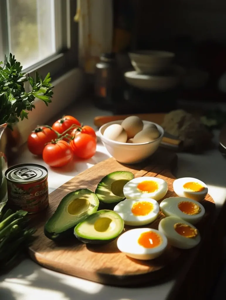 Femme coupant des avocats et préparant des ingrédients frais pour des verrines gourmandes avec thon, tomates et œufs durs dans une cuisine chaleureuse.