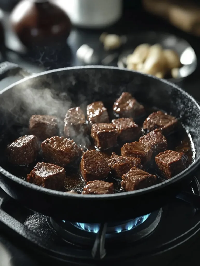 Saisie des morceaux de bœuf dans une cocotte en fonte sur le feu, avec vapeur montant.