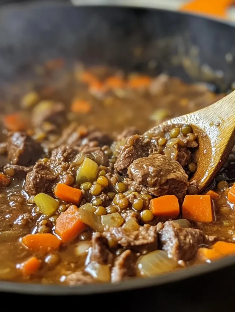 Cuillère en bois remuant le ragoût mijotant avec bœuf, légumes et lentilles