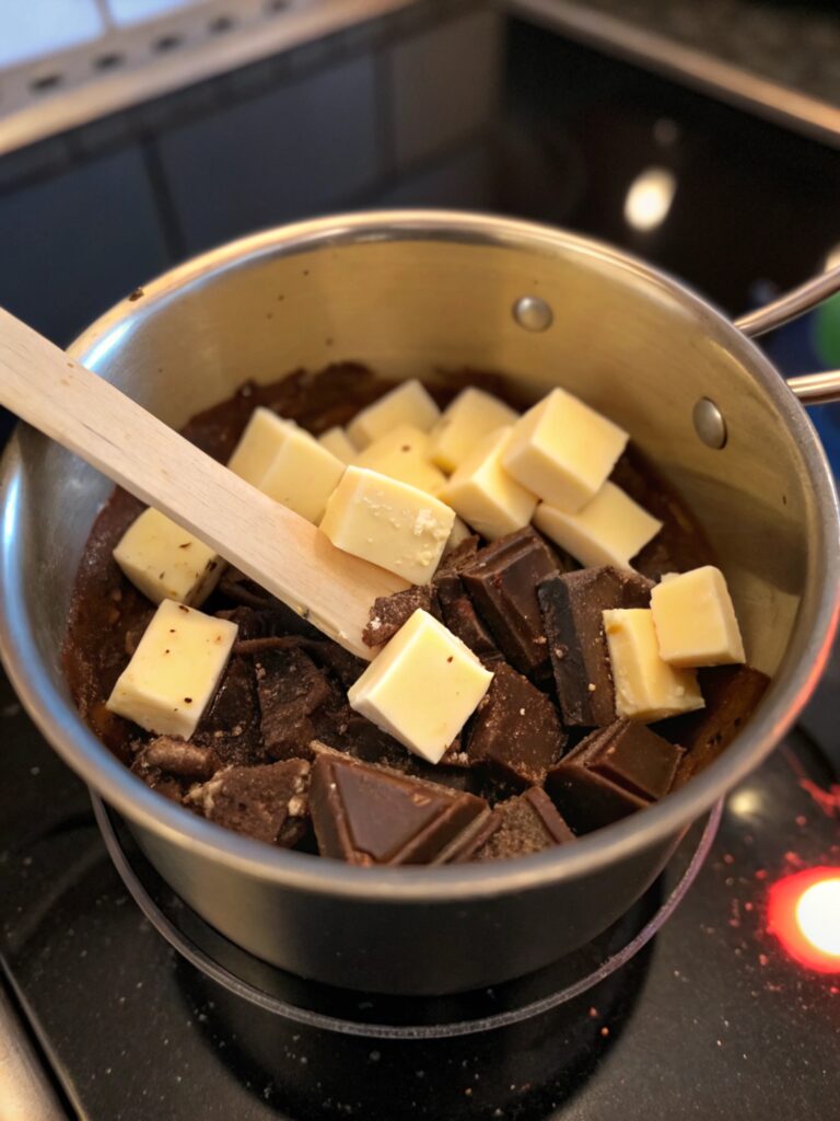 Mélange de chocolat noir et de beurre fondant dans un bol, prêt à être incorporé dans la pâte du quatre-quarts.