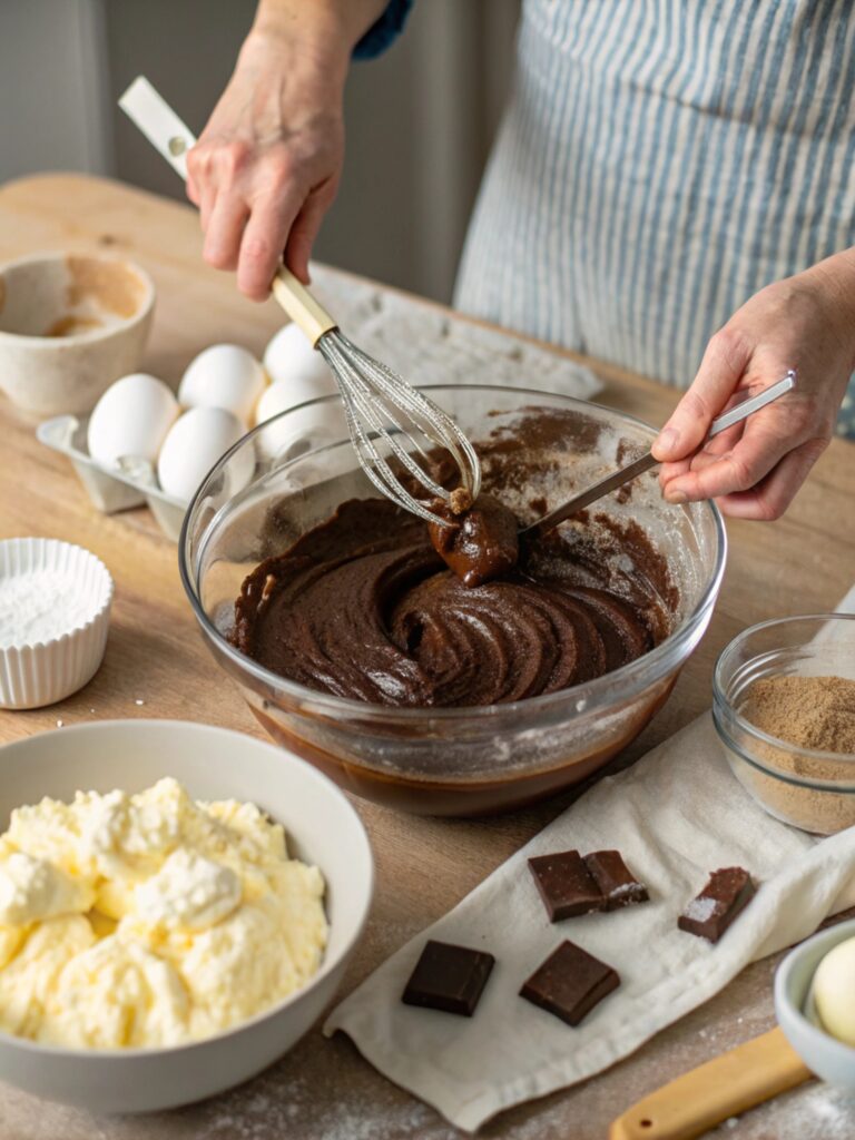 Incorporation des blancs d'œufs en neige dans la pâte à gâteau au chocolat pour une texture aérée.