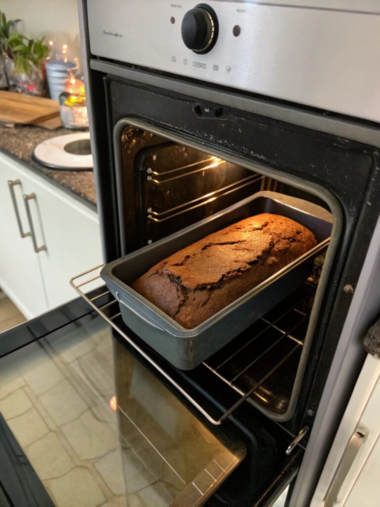 Gâteau au chocolat en train de cuire dans le four, avec une surface légèrement fissurée.